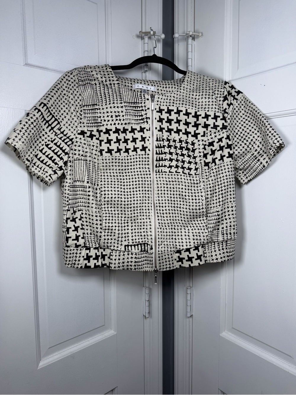 CAbi Cream and Black Graphic Patchwork Zip Front Jacket